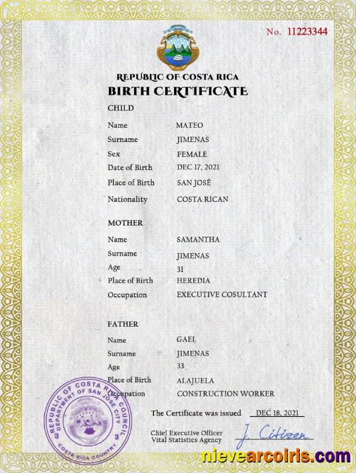Costa Rica birth certificate